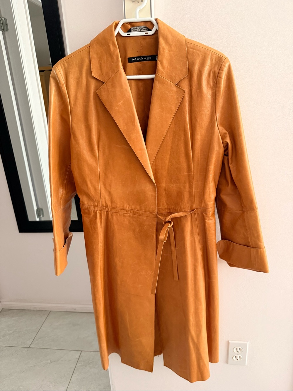 Mackage Tan Leather Trench Coat with Waist Tie